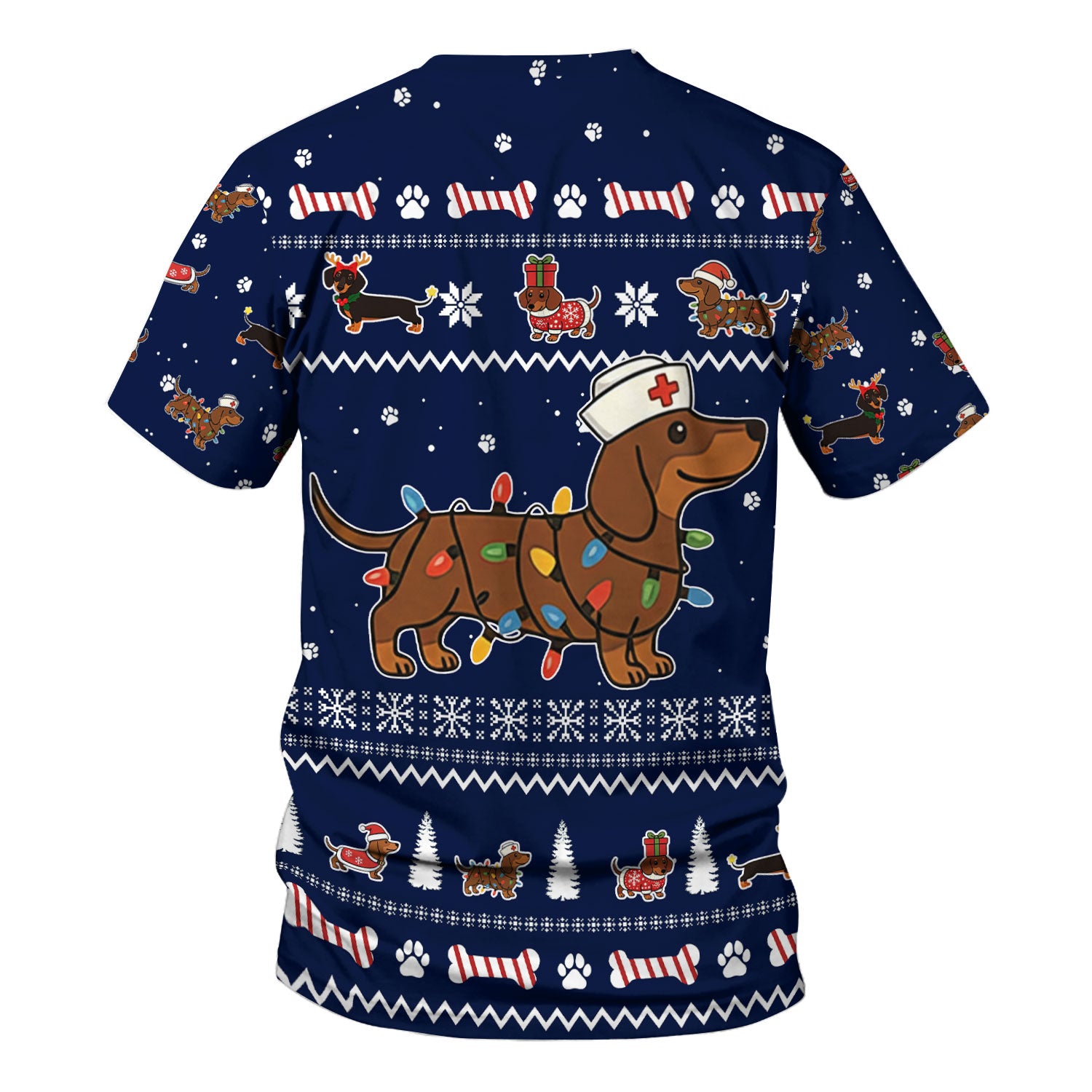 Christmas Dachshund Nurse Scrub Top for Women - Cute Sausage Dog Wearing Lights - Funny Holiday Medical Shirt Gift for RN CNA LPN