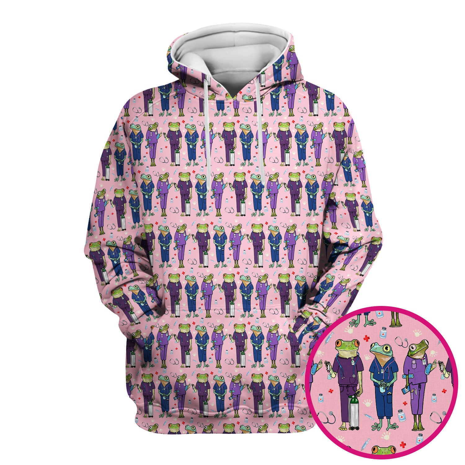 Funny Frog Nurse Pattern Scrub Top, Breathable Healthcare Uniform Top