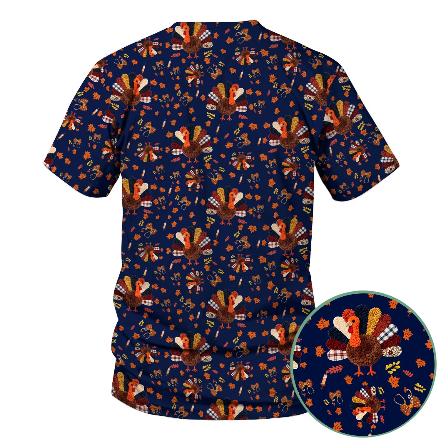 Funny Thanksgiving Nurse Scrub Top - Fall Leaves and Pumpkin Shirt - Autumn Turkey Med Uniform Gift for RN CNA LPN