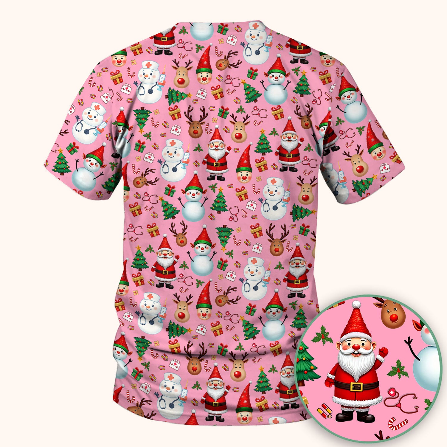 Christmas Nurse Scrub Top - Cute Snowman Santa Reindeer Pattern Medical Shirt - Festive Holiday Scrubs for Women RN CNA LPN