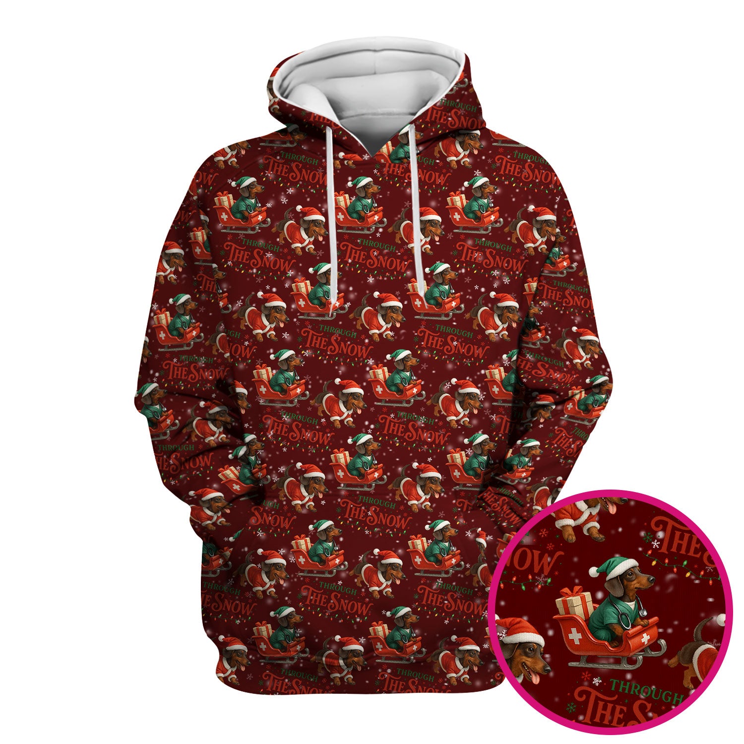 Dachshund Christmas Scrub Top, Cute Dog Nurse Scrub Shirt, Through The Snow Pattern Nursing Uniform