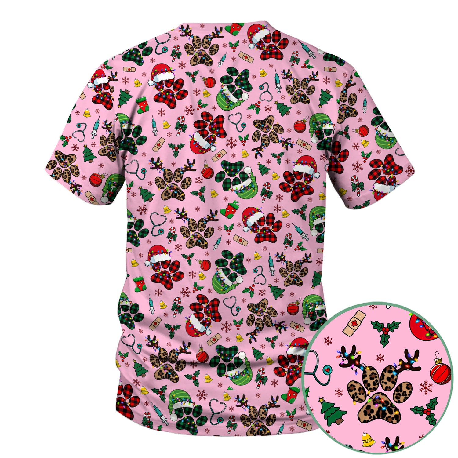 Christmas Paw Print Scrub Top for Nurses - Cute Leopard Holiday Pattern - Funny Festive Medical Uniform Gift