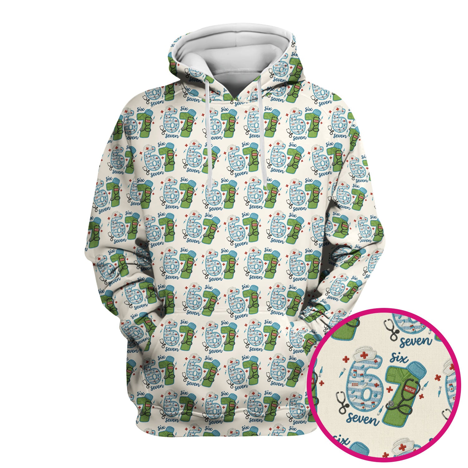 Nurse Six Seven Pattern Scrub Top, Cute Medical Number Print Shirt for Nursing Professionals