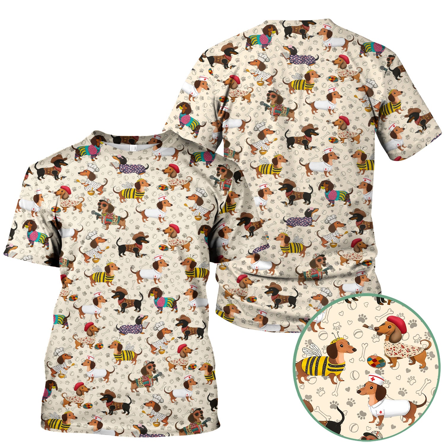 Funny Dachshund Scrub Top for Nurses - Wiener Dog in Bee, Chef, Nurse Costumes - Cute Sausage Dog Medical Shirt RN CNA LPN