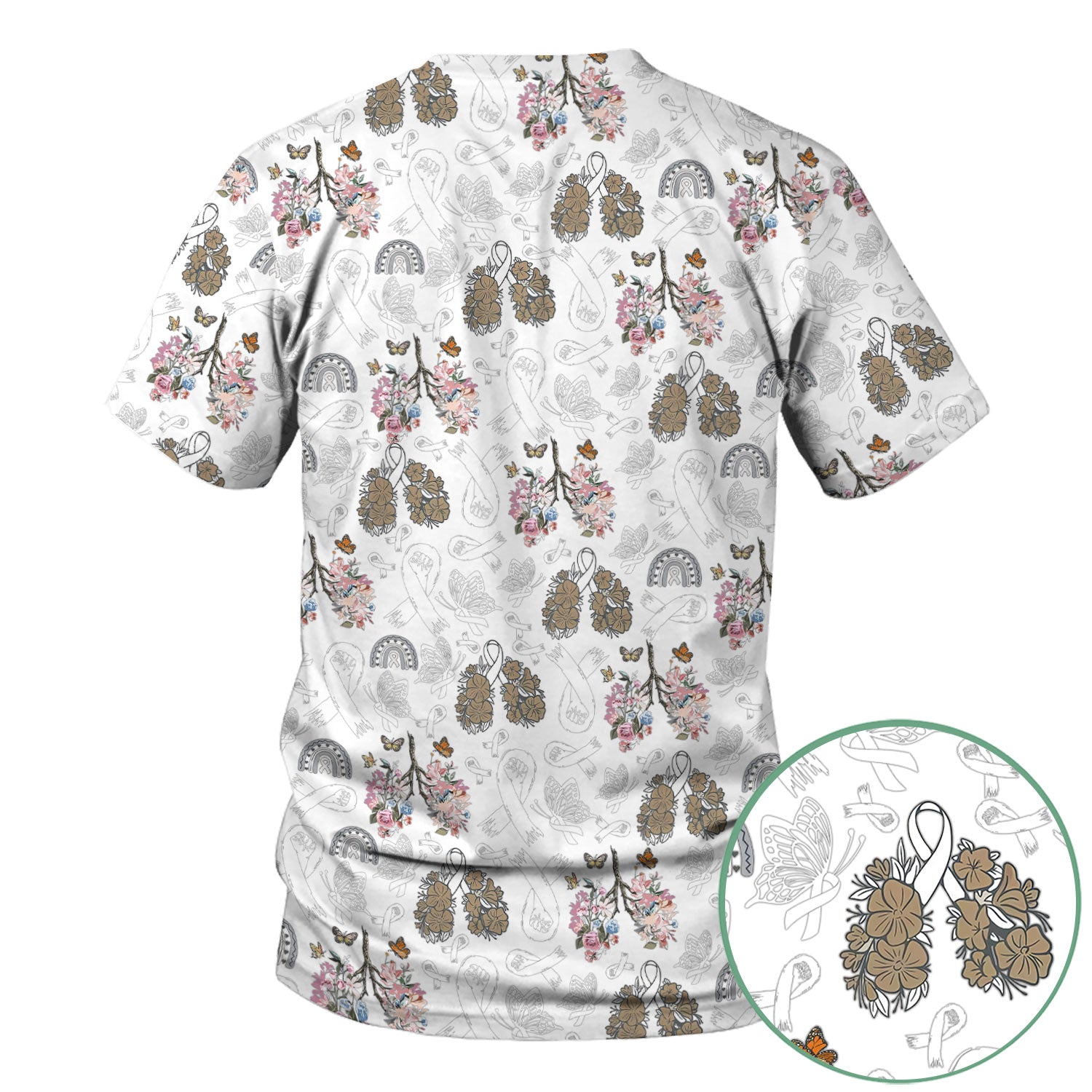 Lung Cancer Awareness Nurse Scrub Top - White Ribbon Butterfly Floral Medical Uniform - Comfortable V-Neck Nursing Shirt Gift