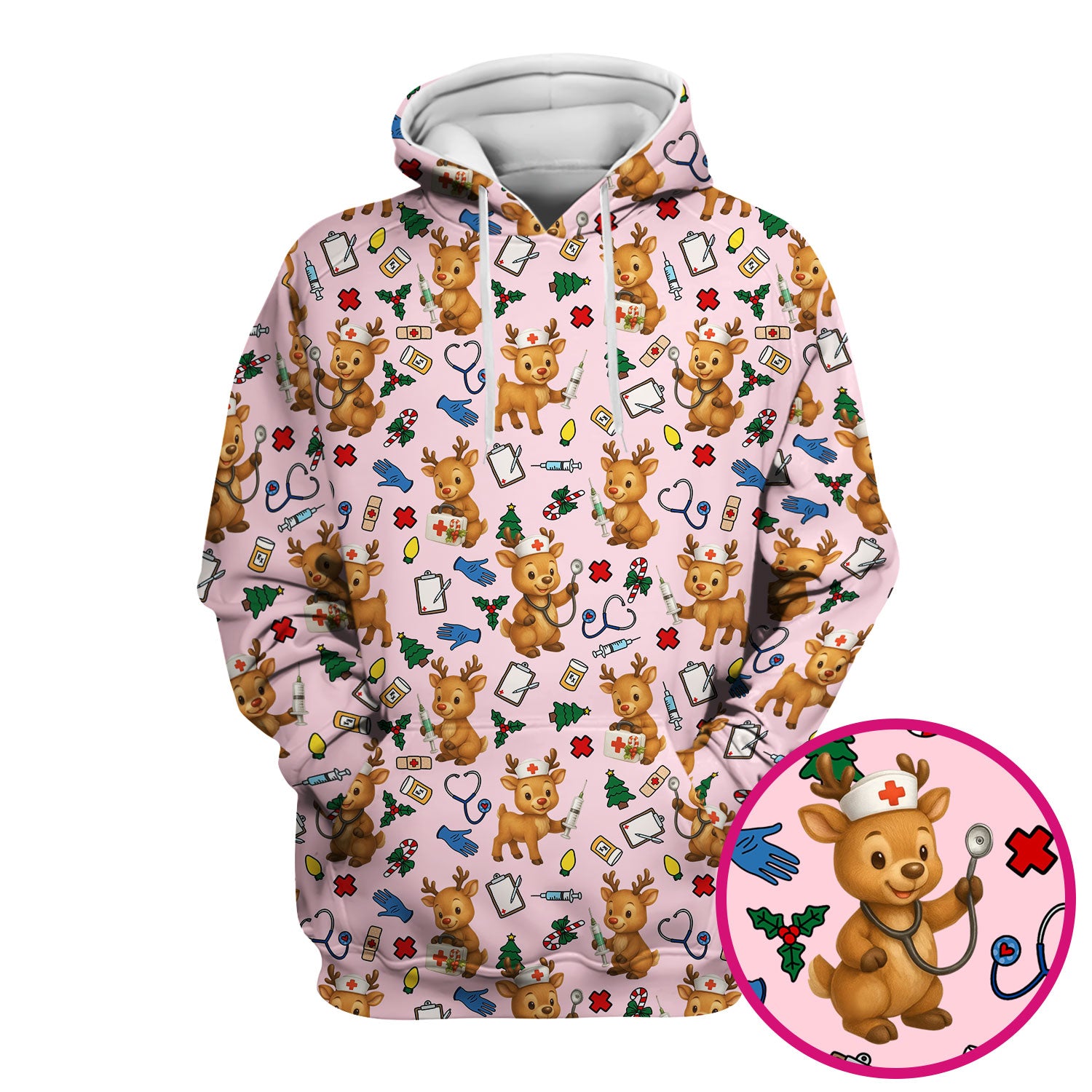 Cute Reindeer Pattern Christmas Scrub Top - Funny Holiday Nurse Scrubs for Women - Medical Christmas Print with Deer and Stethoscope Design