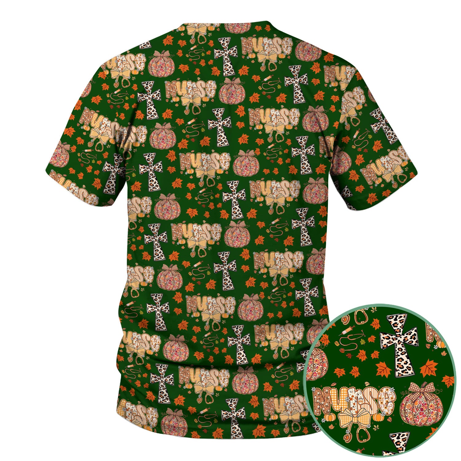 Floral Pumpkin Scrub Top for Women - Coquette Bow Thanksgiving Shirt - Comfortable Medical Uniform