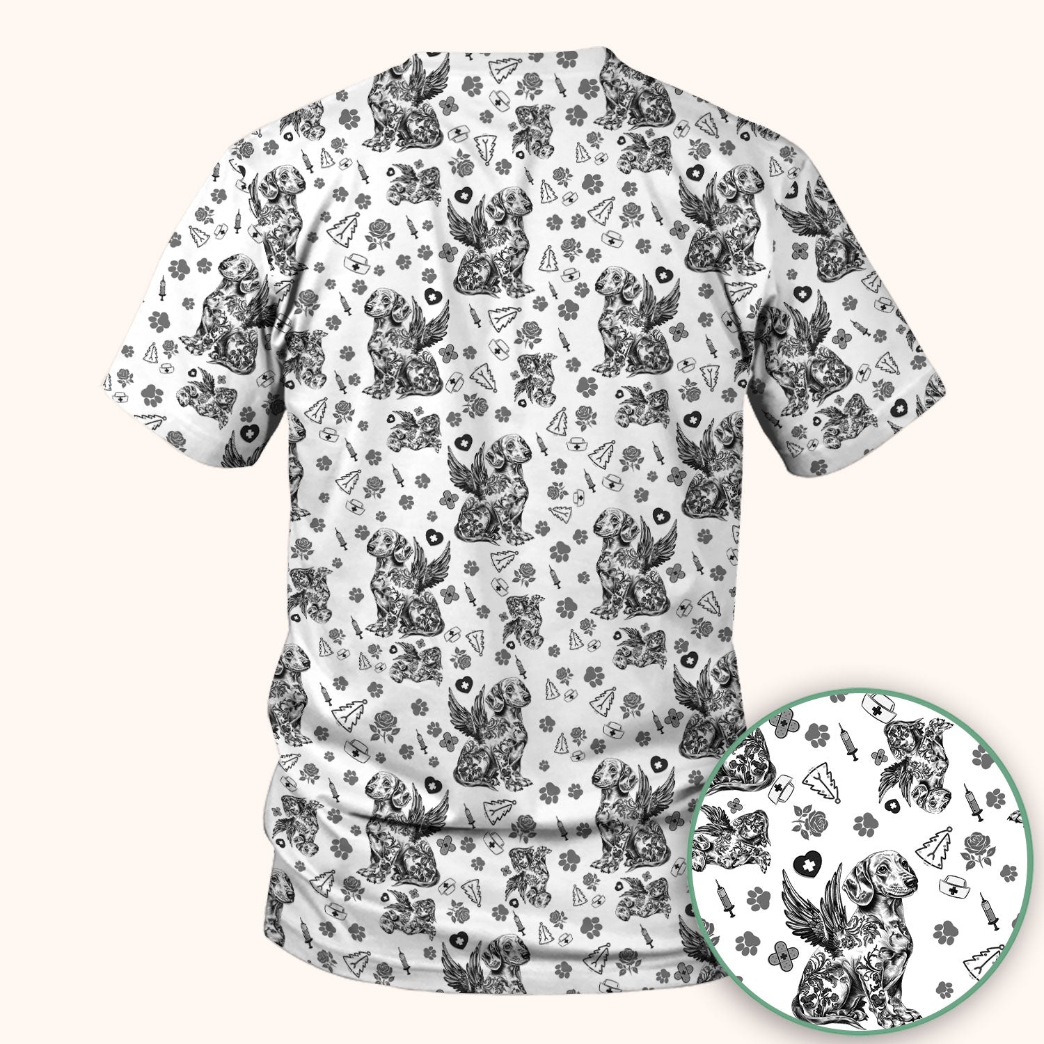 Toile de Jouy Dachshund Angel Scrub Top - Blue Vintage Dog Nurse Shirt - Memorial Christmas Gift