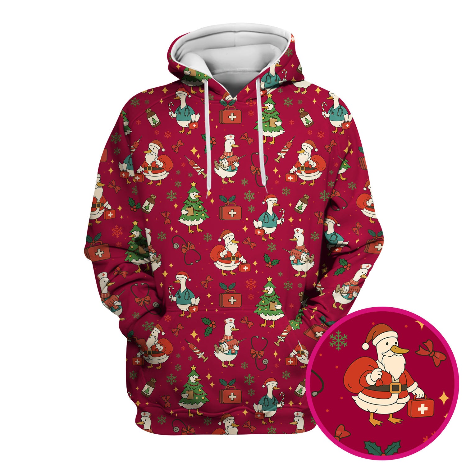 Christmas Duck Nurse Scrub Top for Women - Cute Santa Claus Pattern - Funny Holiday Nursing Shirt Gift for RN LPN CNA