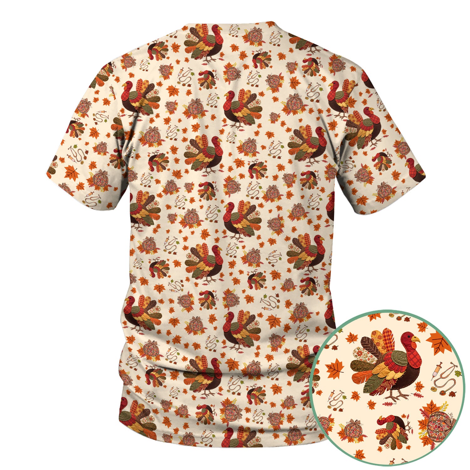Thanksgiving Turkey Nurse Scrub Top for Women - Fall Leaves Pattern Shirts - Autumn Nursing Uniform Gift for RN LPN CNA