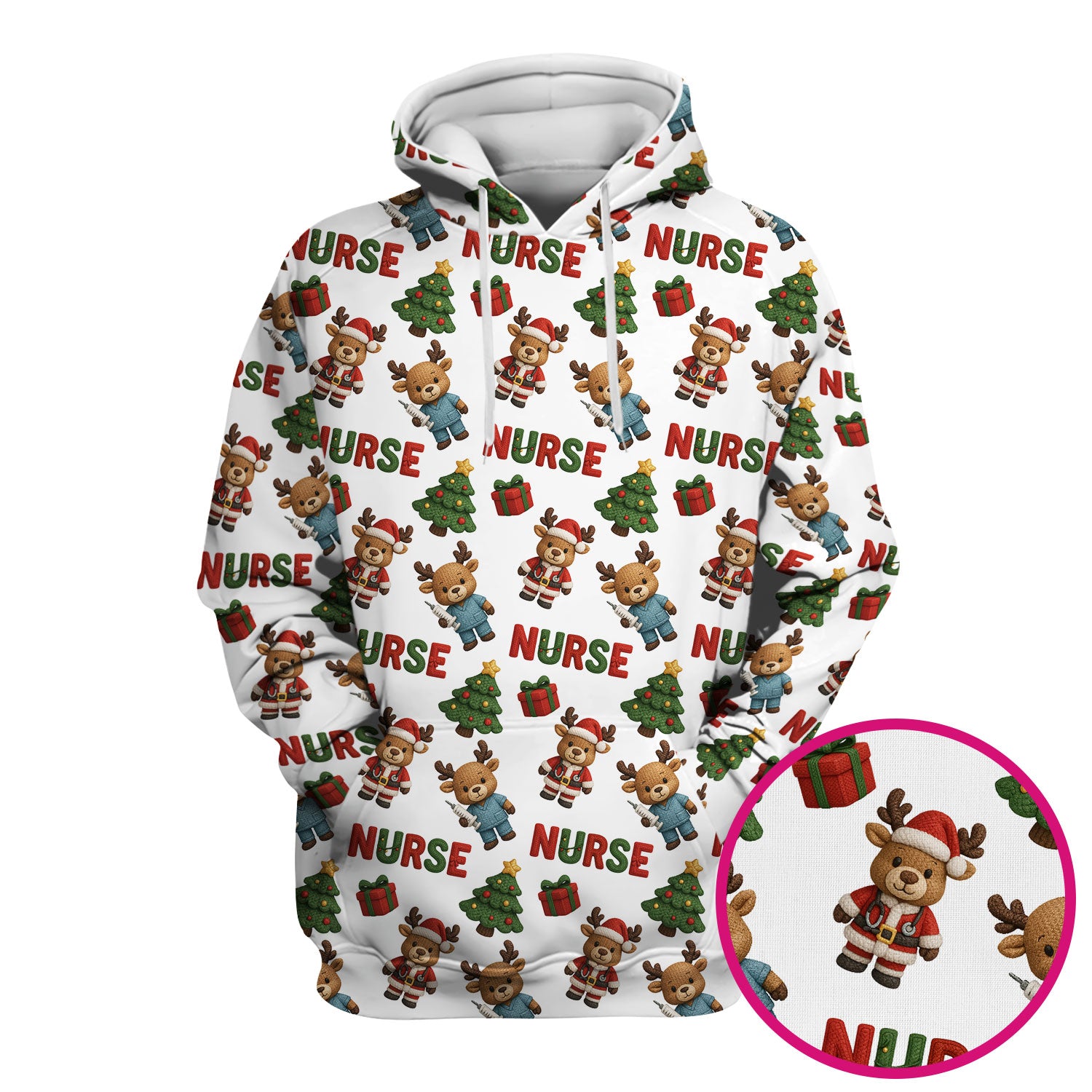 Reindeer Christmas Scrub Top, Cute Holiday Nurse Scrub Shirt, Festive Pattern Nursing Uniform