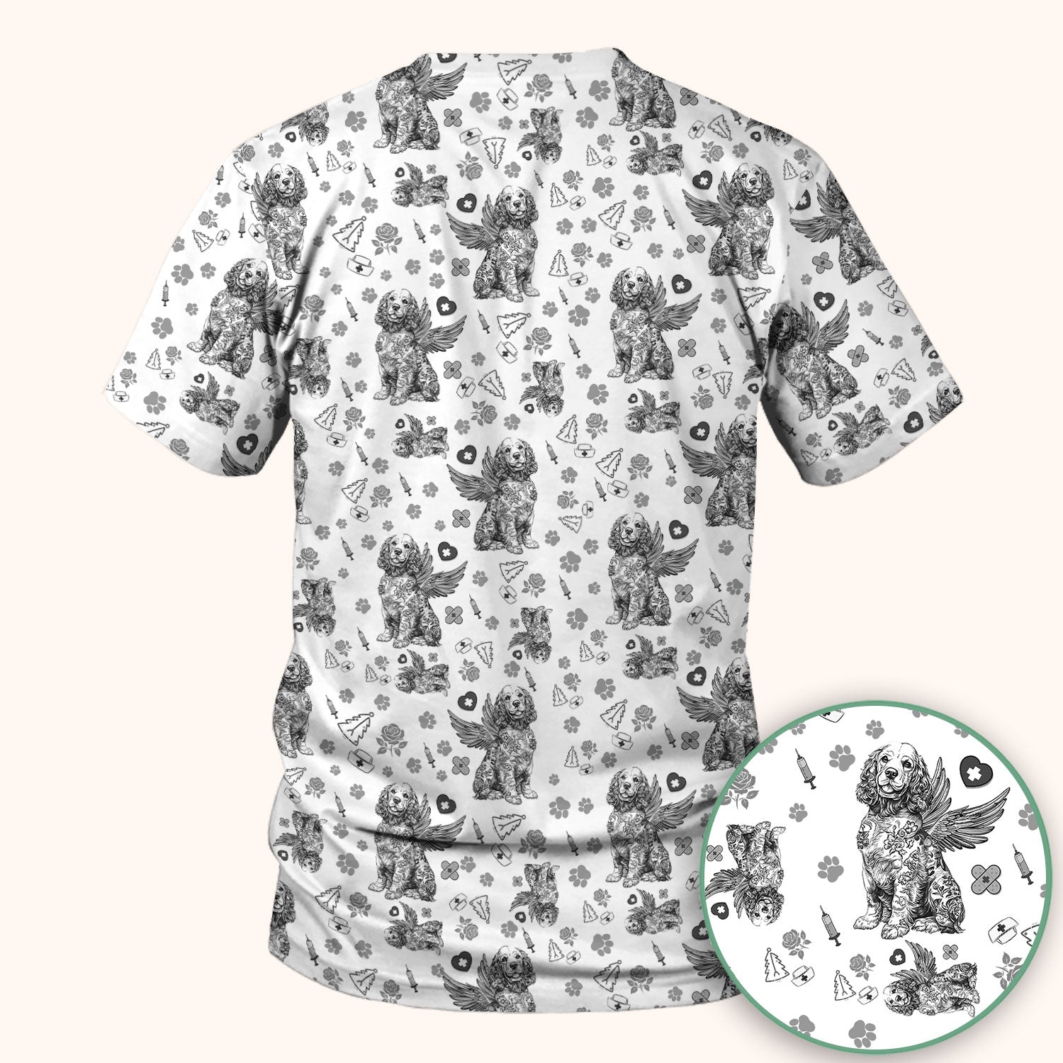Toile De Jouy Scrubs for Nurses - Angel Puppy Medical Uniform - Floral Dog in Heaven Gift for Women, Vet Techs, RN CNA LPN