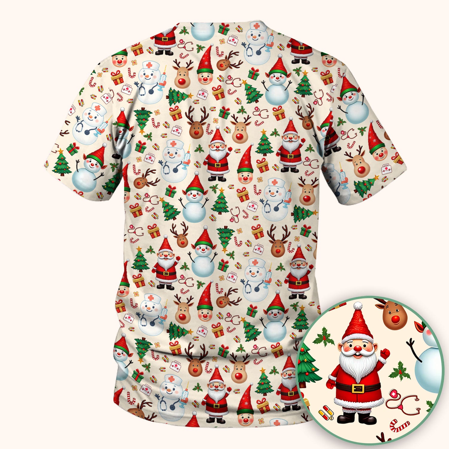 Christmas Nurse Scrub Top - Cute Snowman Santa Reindeer Pattern Medical Shirt - Festive Holiday Scrubs for Women RN CNA LPN