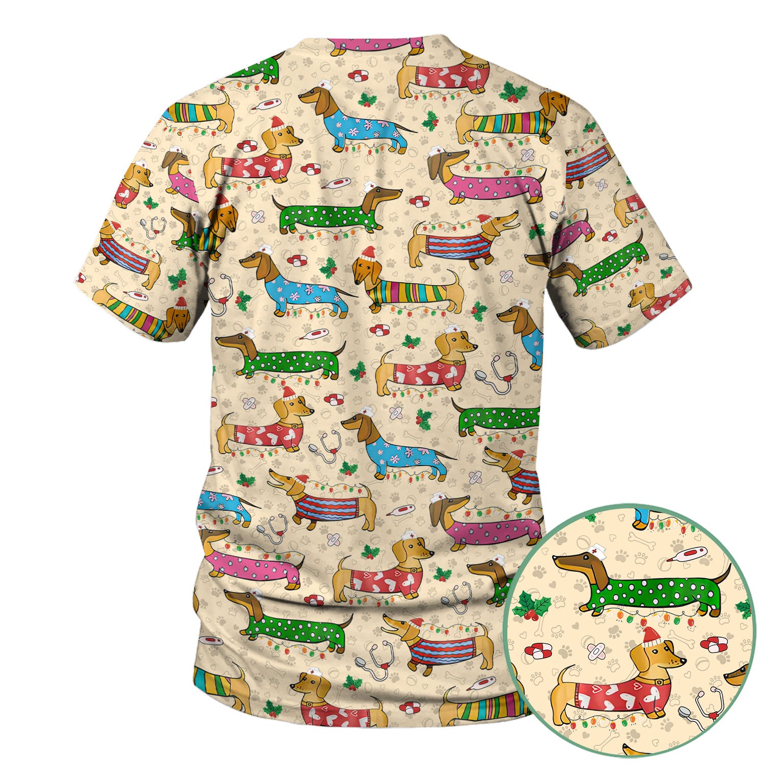 Christmas Dachshund Nurse Scrub Top - Cute Wiener Dog in Holiday Outfit - Funny Medical Shirt Gift for Women RN LPN CNA