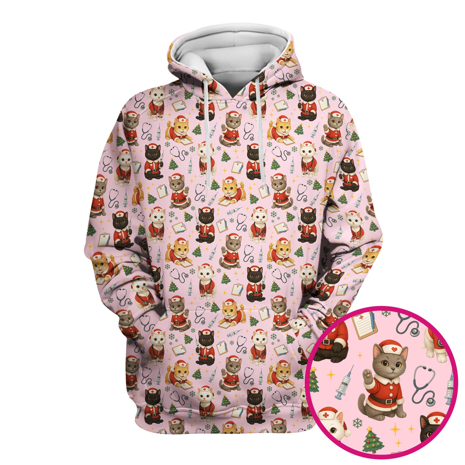 Christmas Nurse Scrub Top for Women - Cute Lucky Cat Pattern - Funny Holiday Nursing Shirt Gift for RN LPN CNA