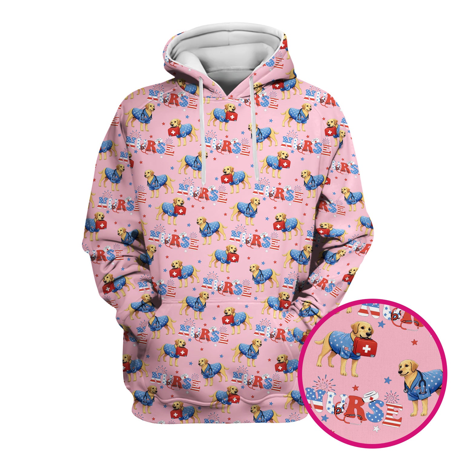Patriotic Nurse Dog Medical Pattern Scrub Top, Breathable Fabrics Nursing Uniform
