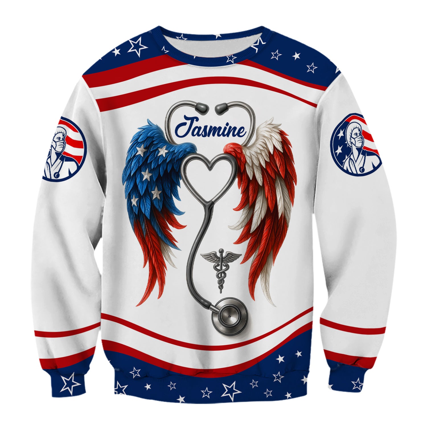Personalized Nurse Shirt - American Flag Angel Wings & Scrubs Design - Patriotic Gift for RN LPN CNA Women