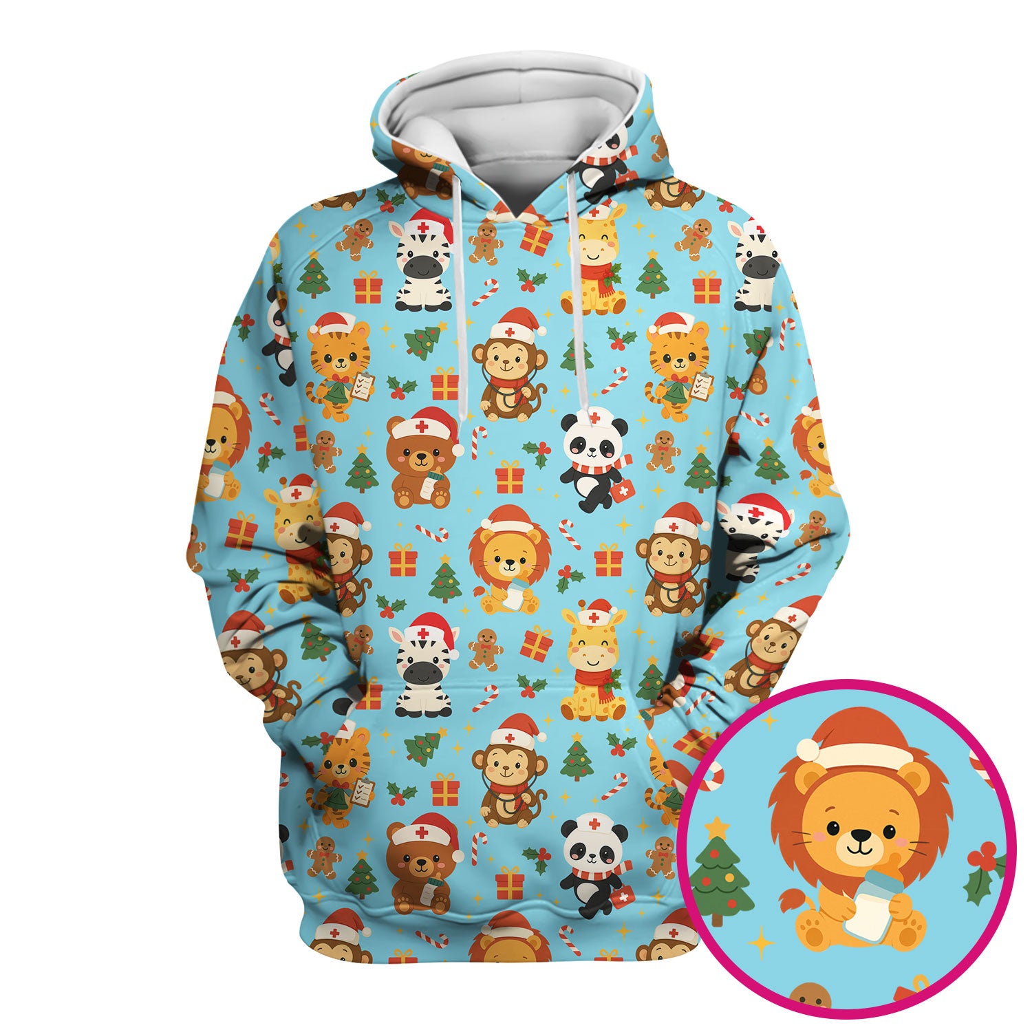 Cute Animal Christmas Nurse Scrub Top - Funny Holiday Safari Pattern Shirt for Women - Festive Nursing Gift for RN LPN CNA