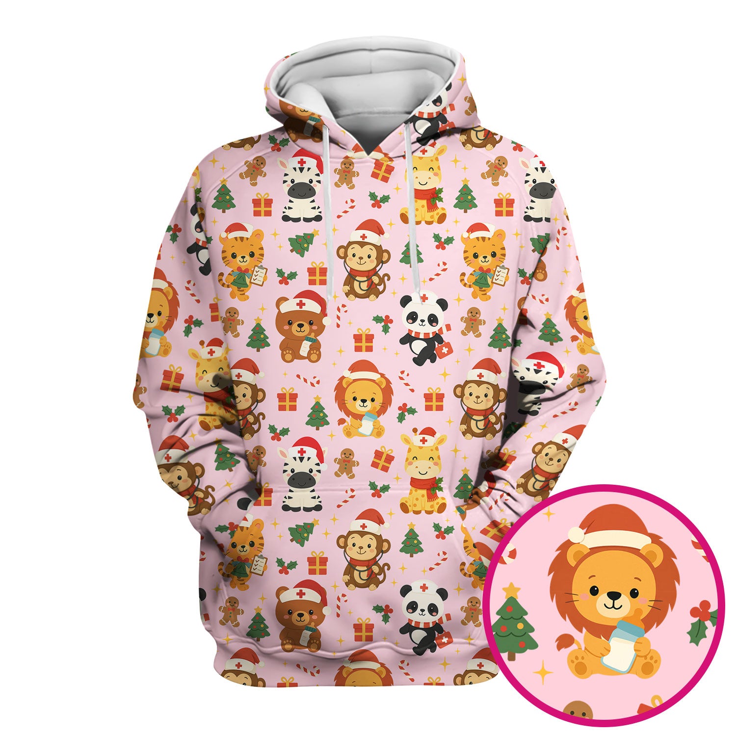 Cute Animal Christmas Nurse Scrub Top - Funny Holiday Safari Pattern Shirt for Women - Festive Nursing Gift for RN LPN CNA