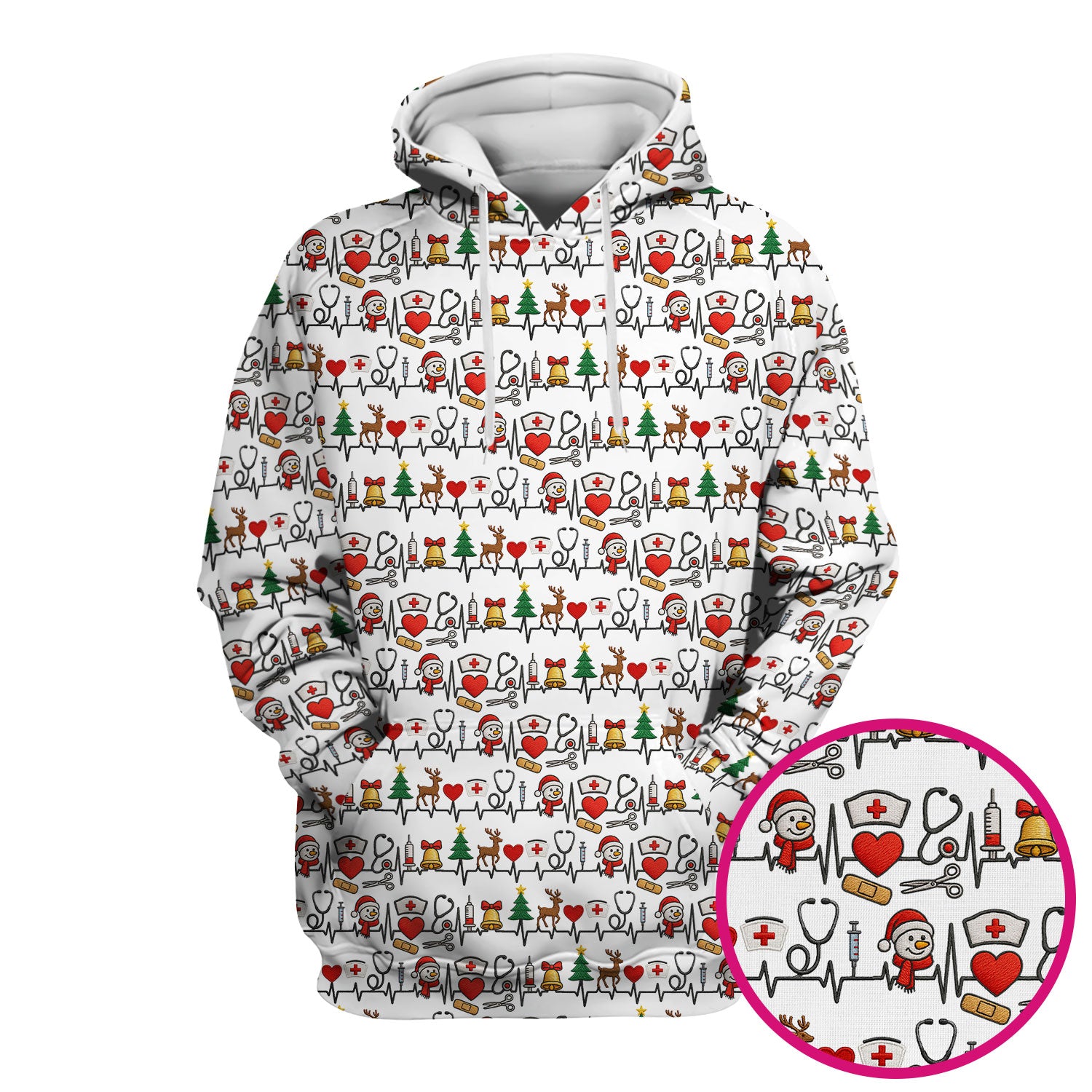 Cute Snowman Nurse Scrub Top, Christmas Holiday Medical Uniform For Nursing, Festive Heartbeat Print Nurse Shirt