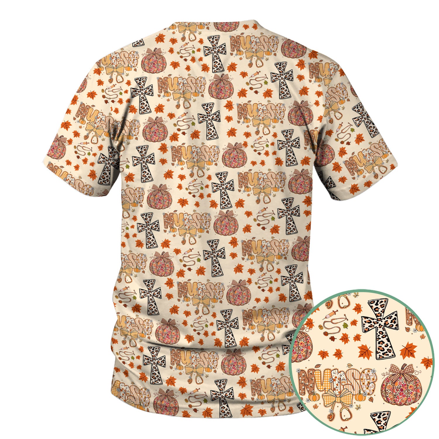 I Will Praise Him In Every Season - Boho Pumpkin Leopard Cross Fall Scrub Top for Nurse - Thanksgiving Med Uniform for Women