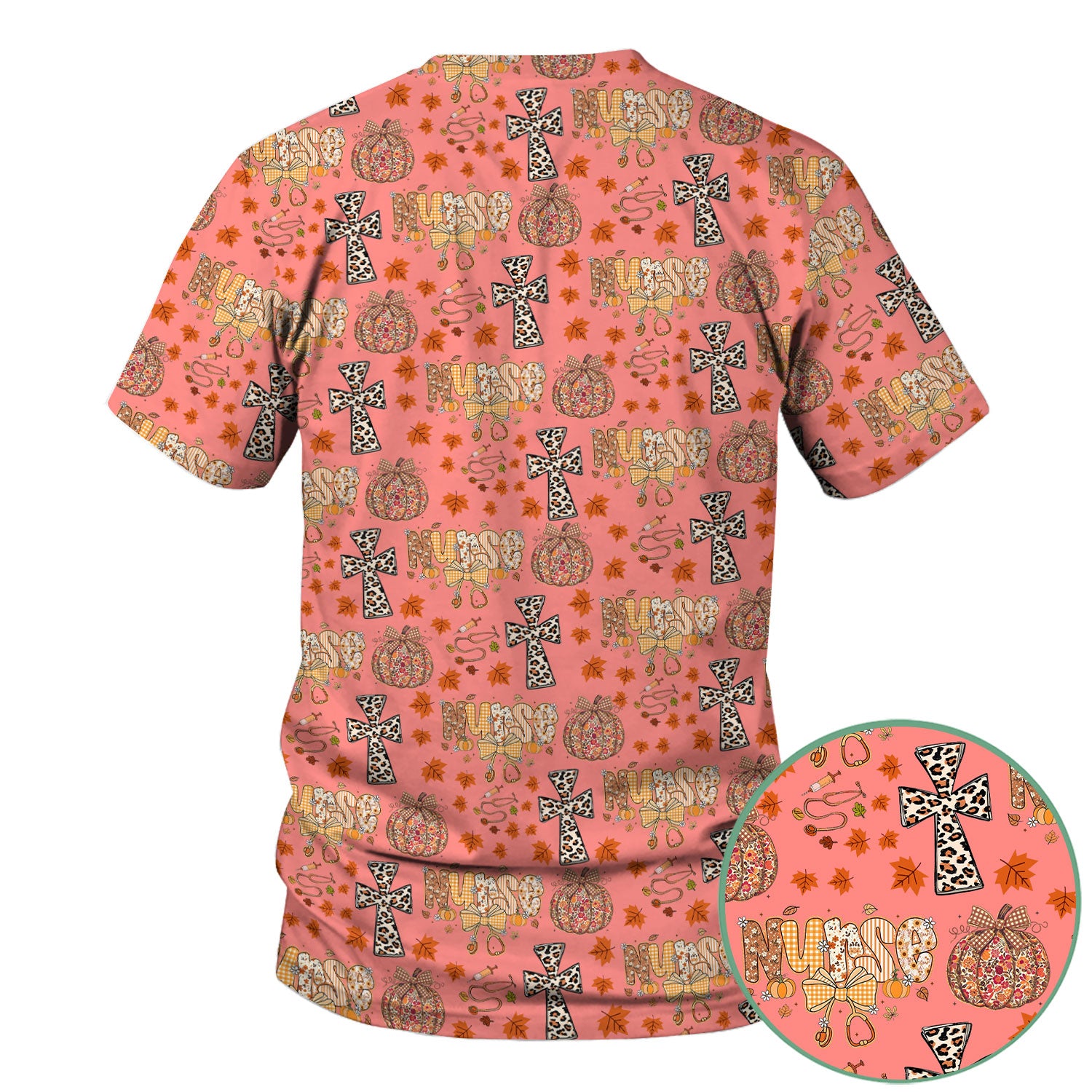 I Will Praise Him In Every Season - Boho Pumpkin Leopard Cross Fall Scrub Top for Nurse - Thanksgiving Med Uniform for Women
