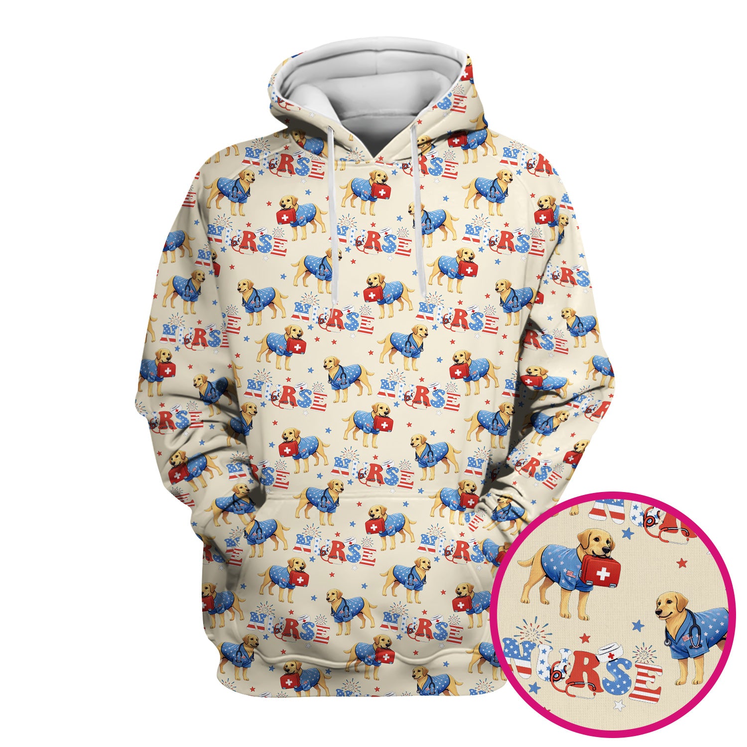 Patriotic Nurse Dog Medical Pattern Scrub Top, Breathable Fabrics Nursing Uniform