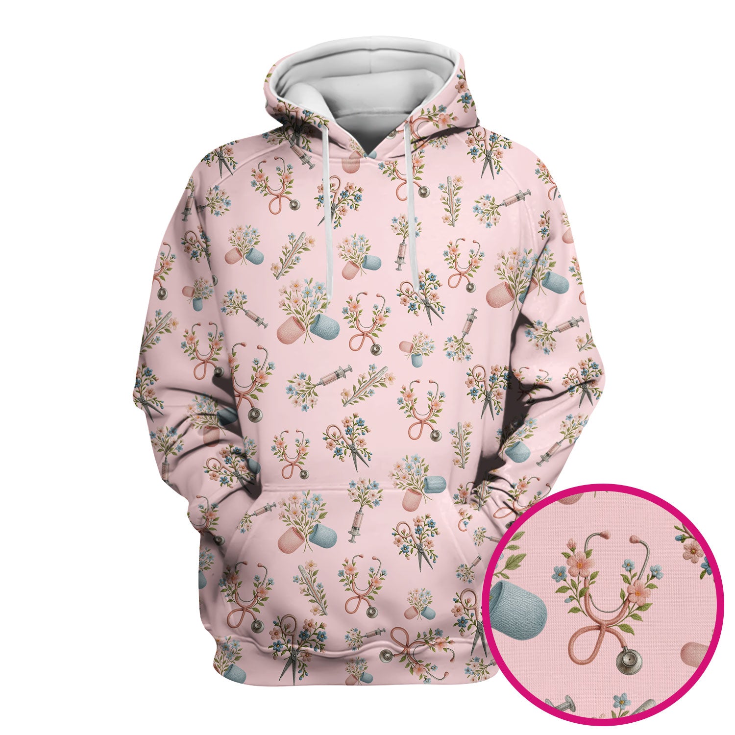 Floral Medical Scrub Top, Elegant Stethoscope With Flower Nursing Shirt, Breathable Fabrics Nurse Uniform
