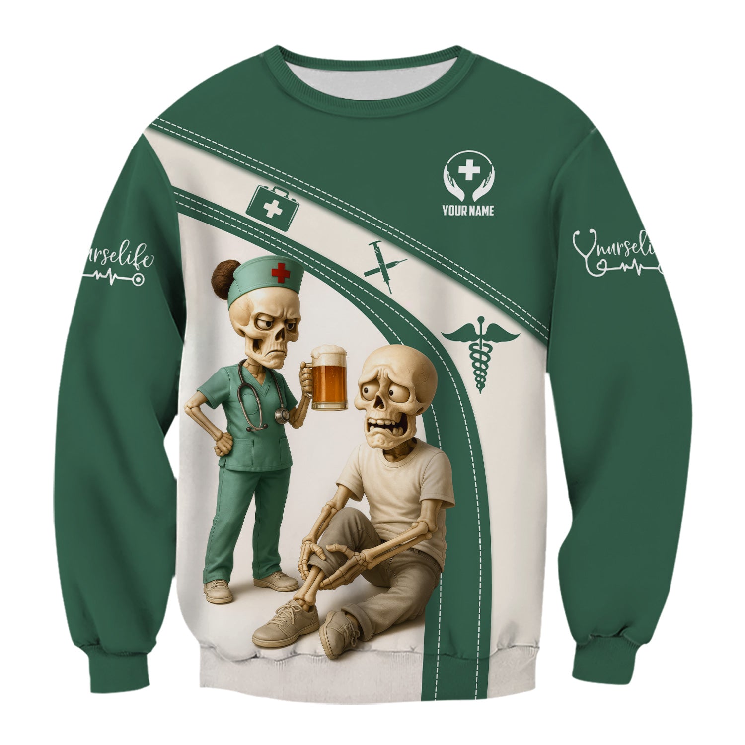 Funny Skeleton Nurse Shirt for Women - Custom Name Beer Joke Medical Uniform - Hilarious Gift for RN CNA LPN