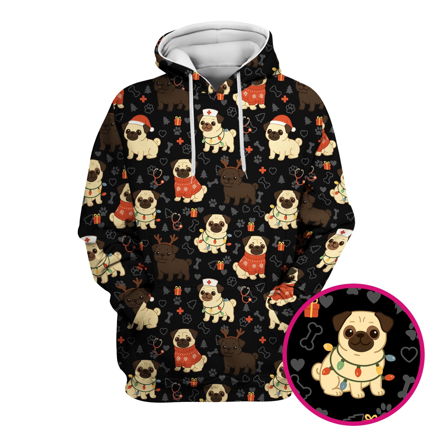 Cute Pug Christmas Nurse Scrub Top for Women - Funny Holiday Dog Pattern Medical Shirt - Festive Gift for RN LPN CNA Vet Nurses