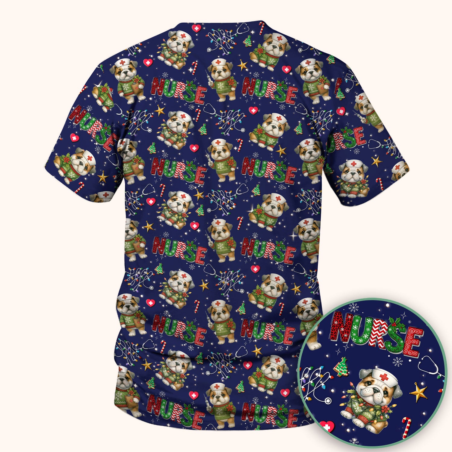 Bulldog Christmas Nurse Scrub Top - Funny Dog Scrub Shirt - Cute Holiday Medical Uniform for Women RN LPN CNA Gift
