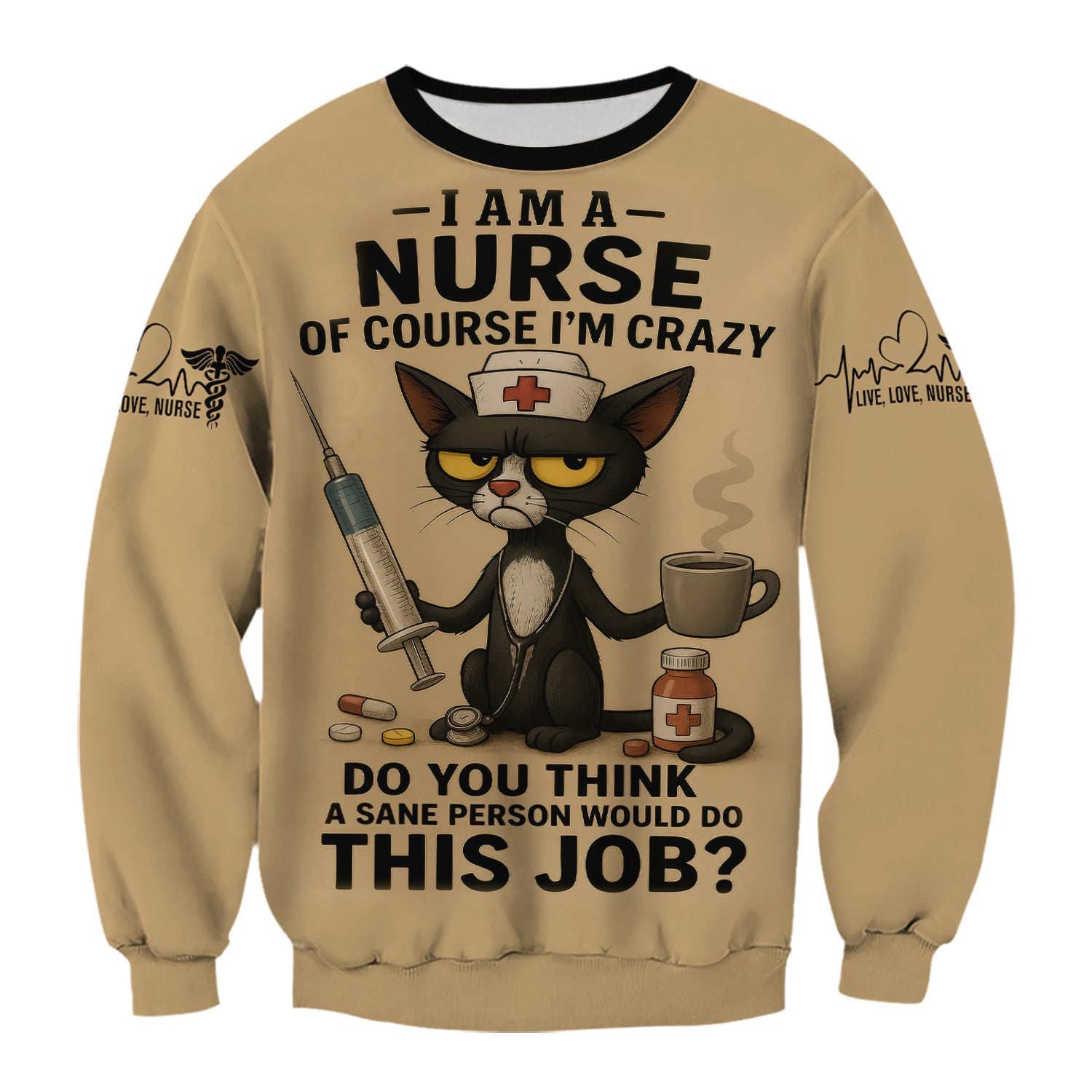 Funny Personalized Nurse Scrub Top - Grumpy Cat Holding Syringe Coffee & Pills - Do You Think A Sane Person Would Do This Job - Custom Gift for RN LPN CNA Women