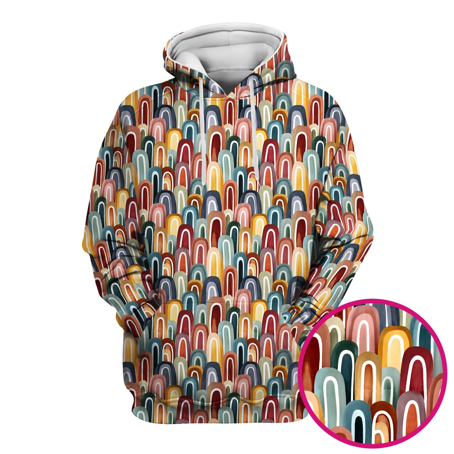 Retro Boho Rainbow Arch Pattern Scrub Top, Colorful Geometric Nursing Uniform for Women