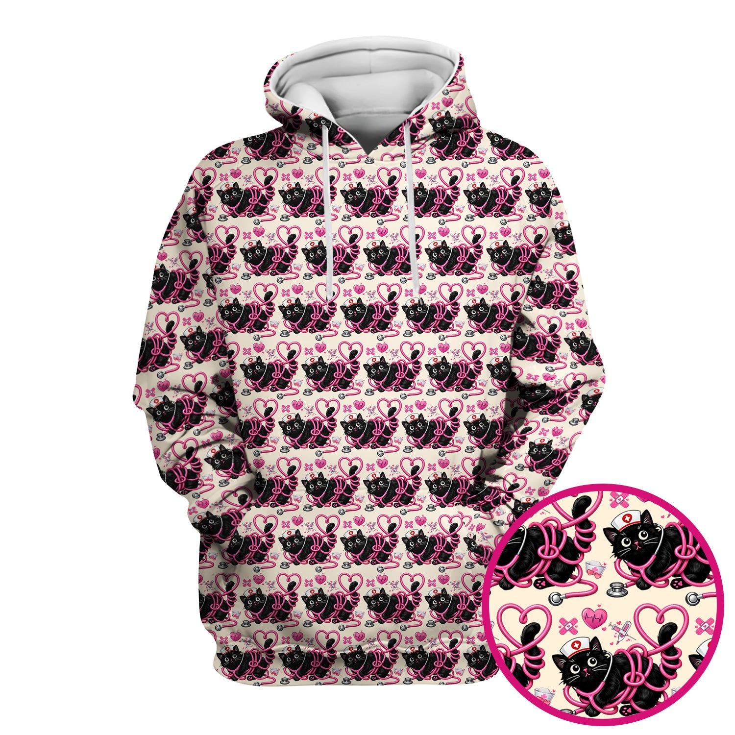 Valentine Cute Cat Nurse Heart Print Scrub Top, Comfortable Scrubs for Nurses