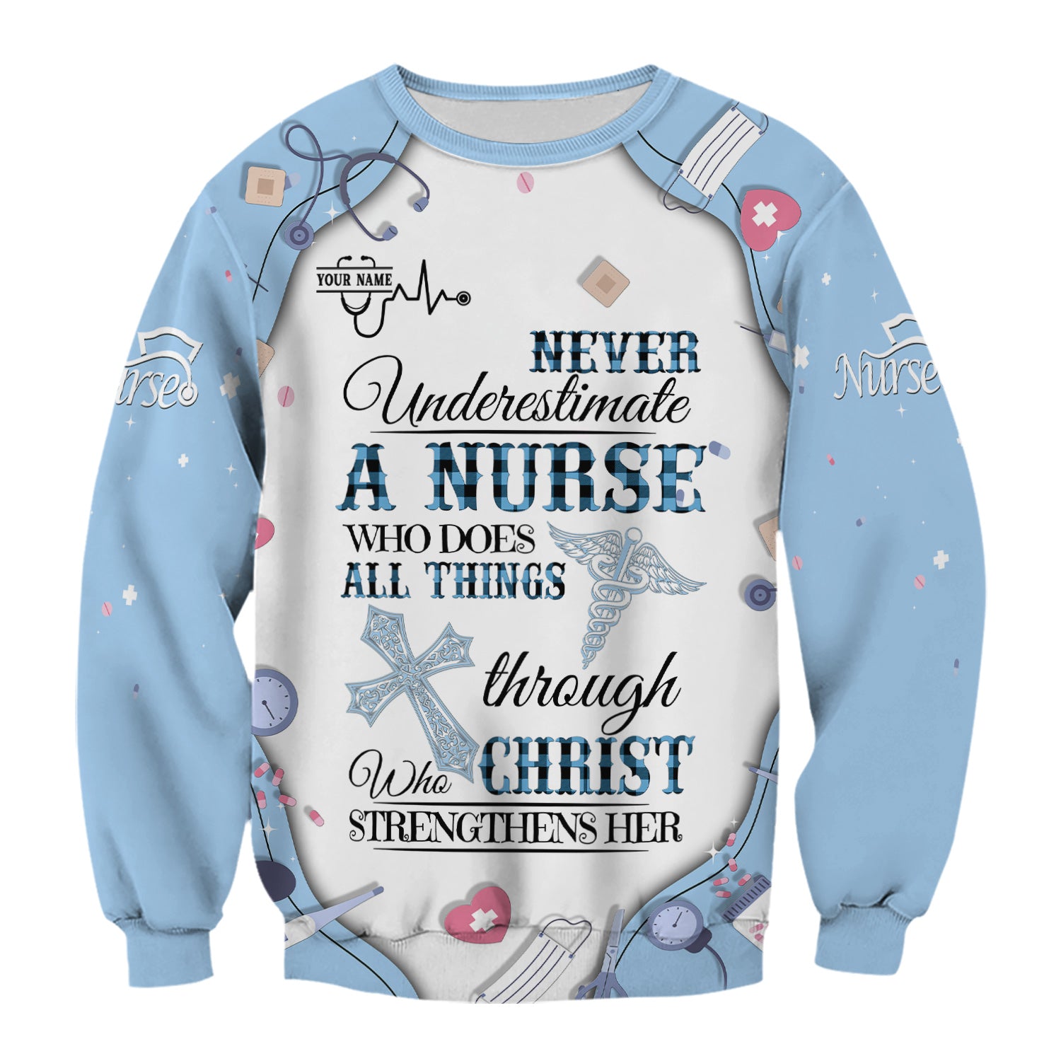 Personalized Nursing Faith Scrub for Women - Bible Verse All Things Through Christ - Religious Gift for Healthcare Professionals RN LPN CNA