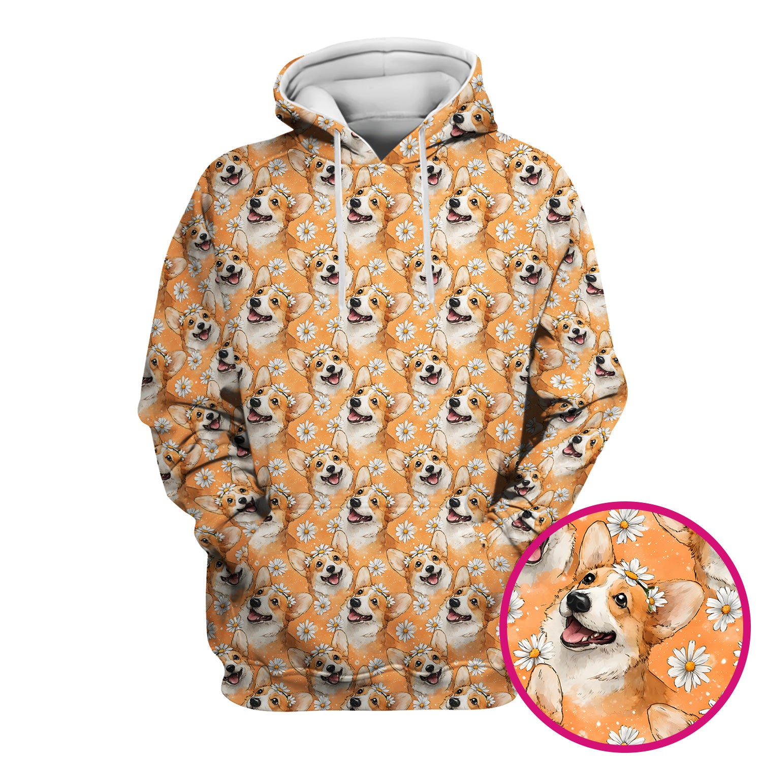 Happy Corgi Daisy Floral Pattern Orange Scrub Top, Breathable Fabrics Nursing Uniform