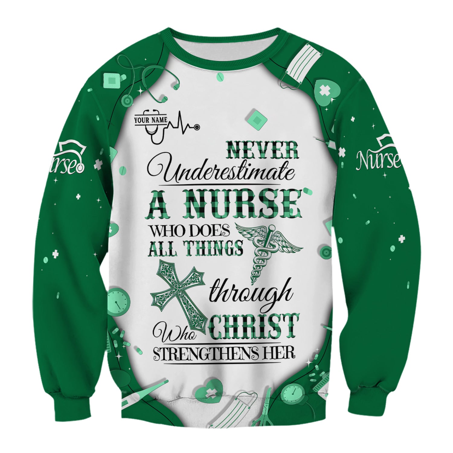 Faith-Based Personalized Nursing Scrub for Women - Bible Verse All Things Through Christ - Gift for RN, LPN, CNA Healthcare Professionals