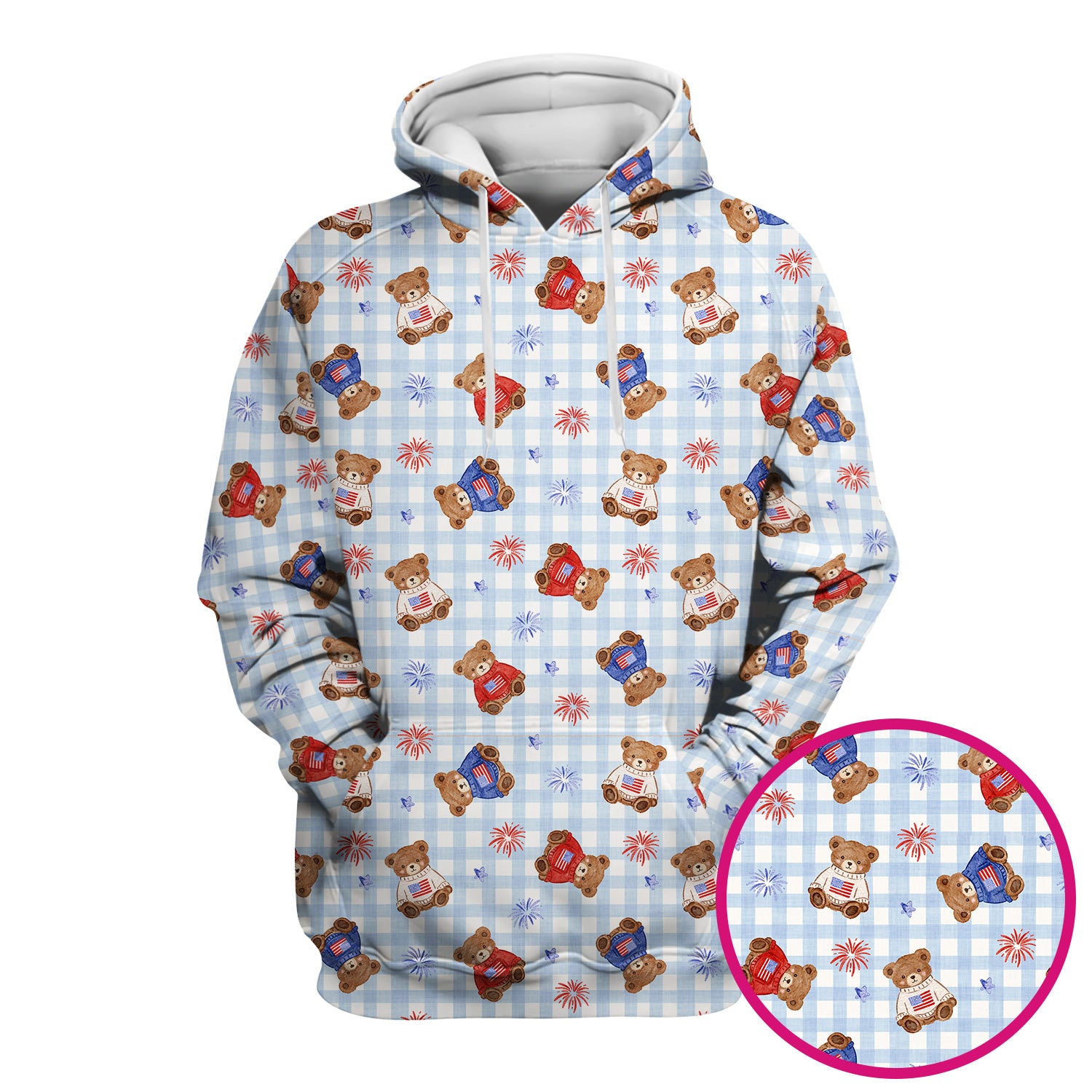 Cute Patriotic Teddy Bear Firework Gingham Pattern Scrub Top, Comfortable Scrubs for Nurses