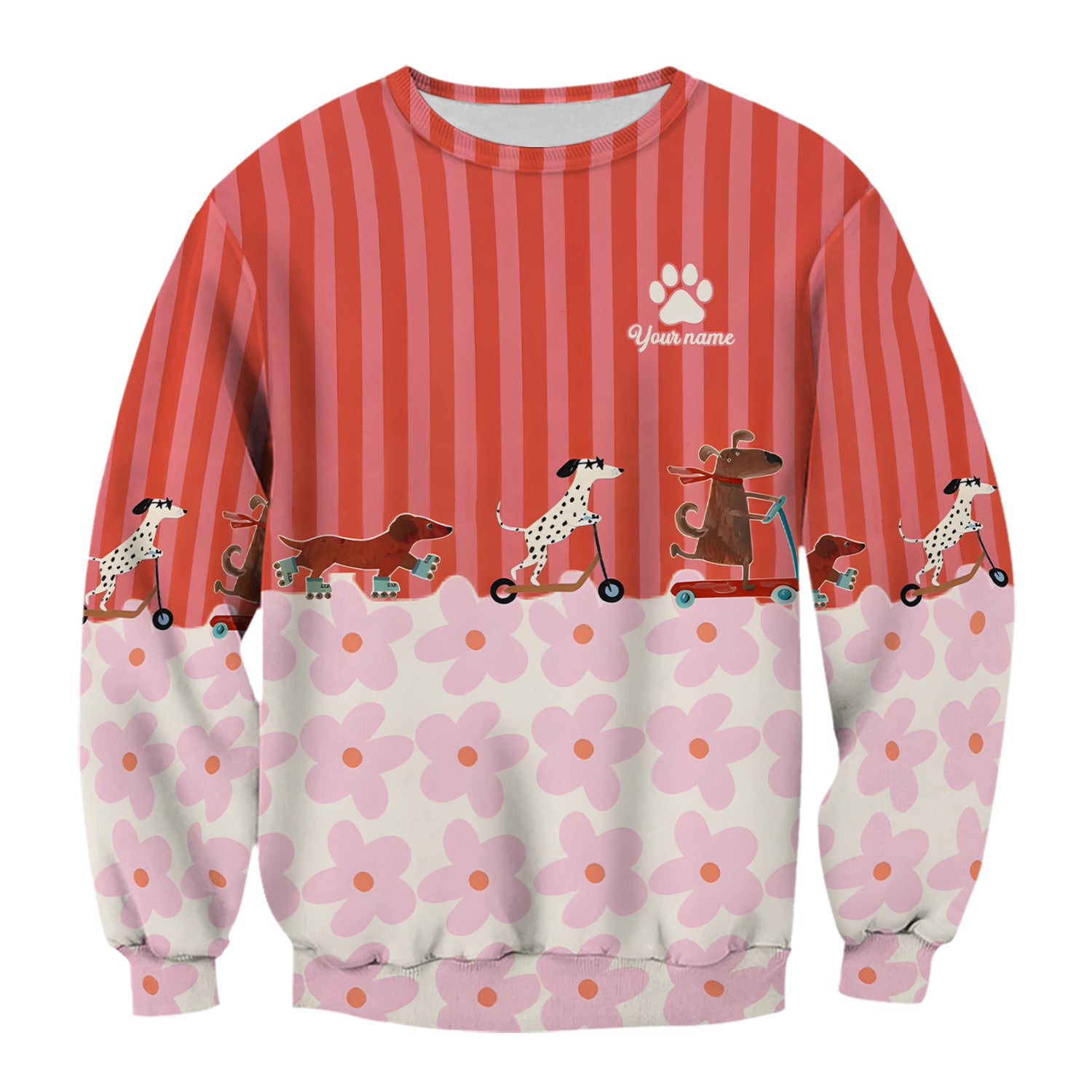 Personalized Cute Dog Roller Skate Flower Pattern Scrub Top, Comfortable Scrubs for Nurses