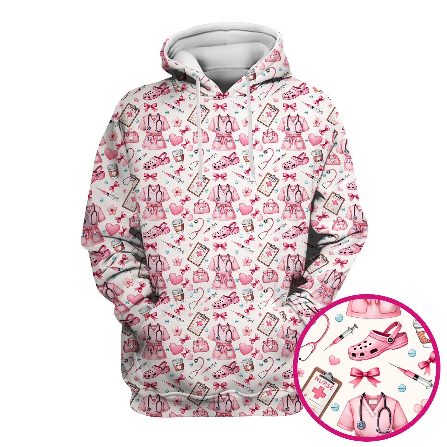 Valentine Pink Nurse Icons Print Scrub Top, Comfortable Scrubs for Nurses