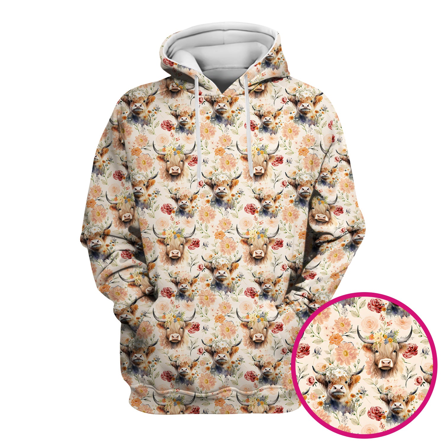 Cute Highland Cow Floral Pattern Scrub Top, Comfortable Scrubs for Nurses