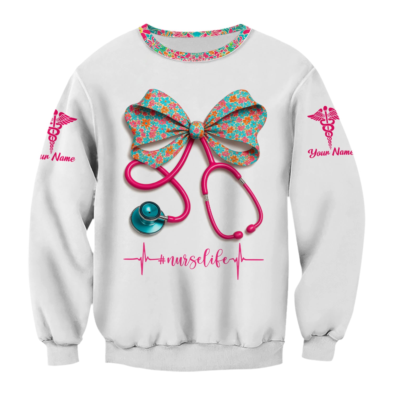 Custom Name Floral Bow Nurse Life Shirt - Cute Stethoscope Design with Heartbeat Graphic - Gift for RN LPN CNA Medical Staff