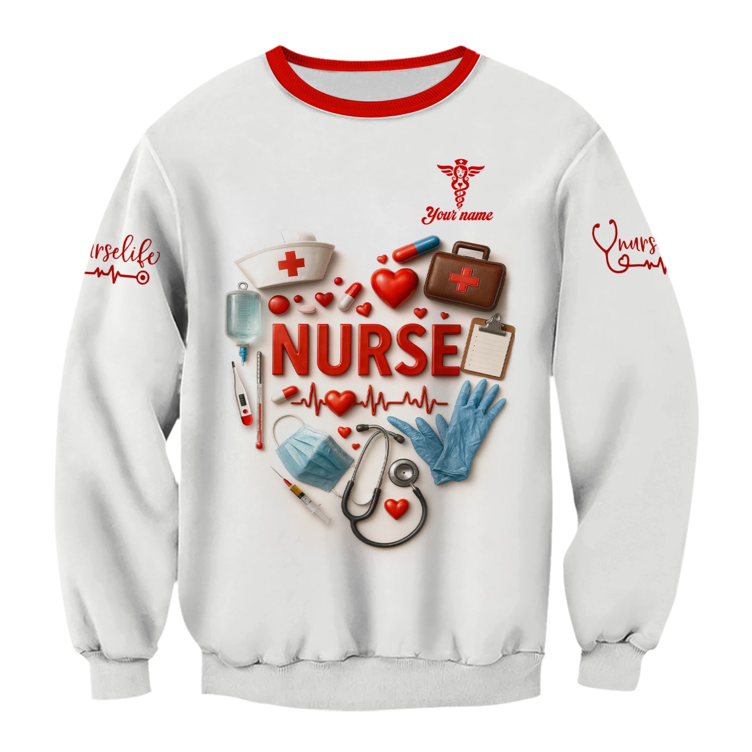 Custom Nurse Scrubs - Medical Tools & Heartbeat Graphic - Personalized Scrubs for RN CNA LPN Healthcare Workers