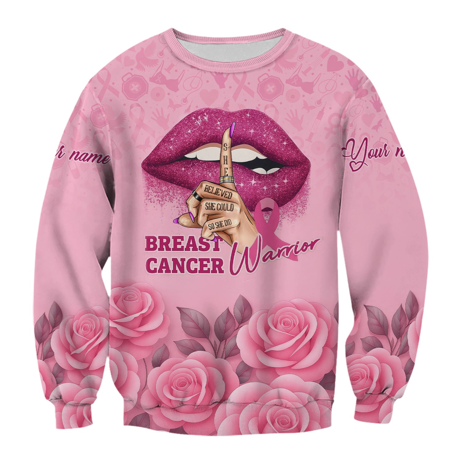 Custom Breast Cancer Awareness Floral Scrub - Pink Ribbon & Rose Pattern Graphic - Gift for RN LPN CNA