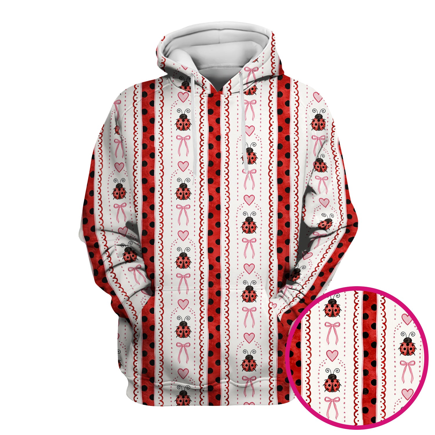 Cute Ladybug Heart Bow Stripe Pattern Scrub Top, Red Polka Dot Nurse Uniform