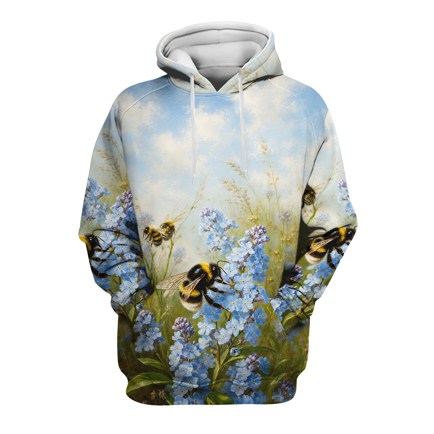 Whimsical Bumblebee Blue Blossom Pattern Scrub Top, Comfortable Scrubs for Nurses