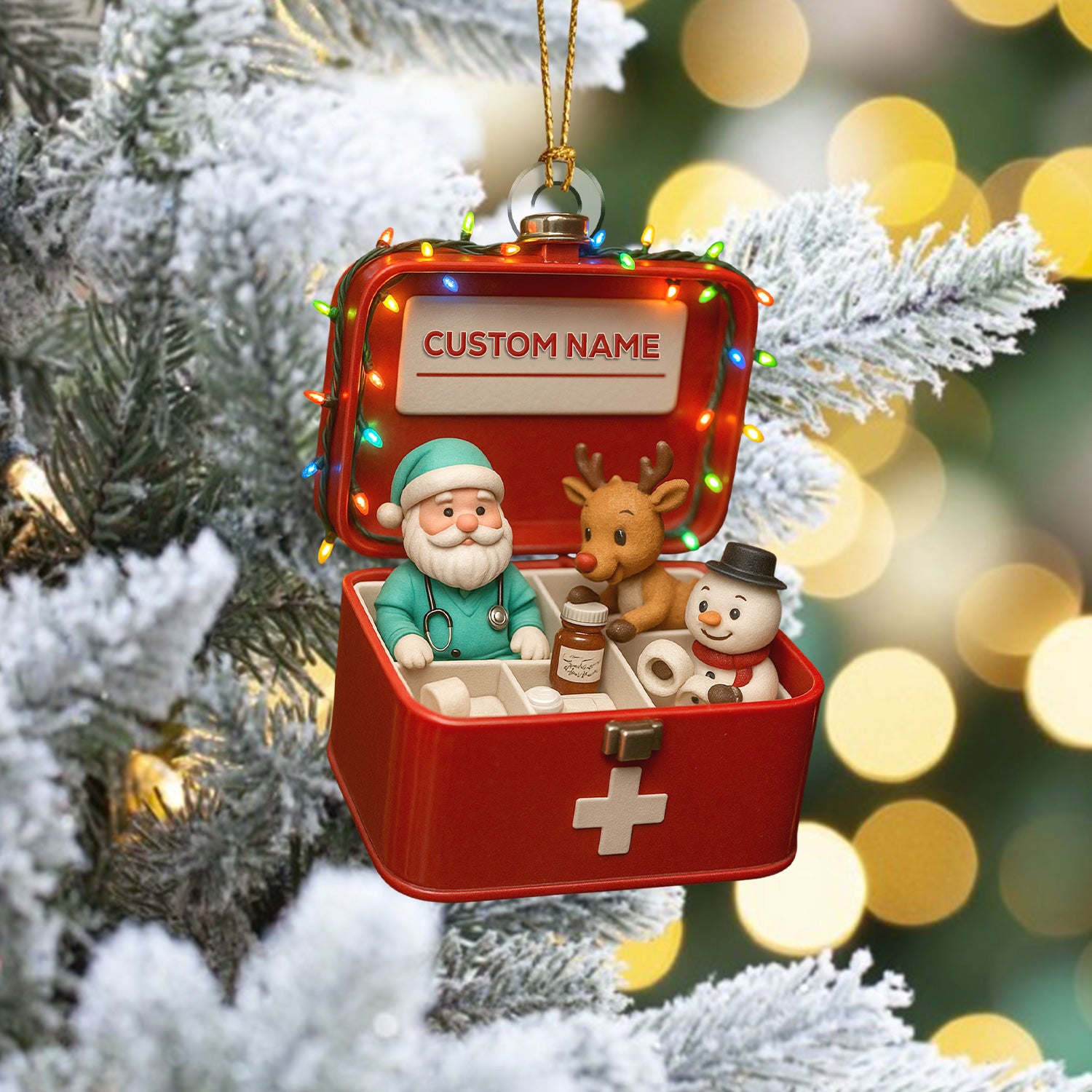 Personalized First Aid Christmas Tree Ornament – Custom Name Medical Santa & Reindeer Holiday Box Decor – Cute Nurse Doctor Ornament for Healthcare Workers