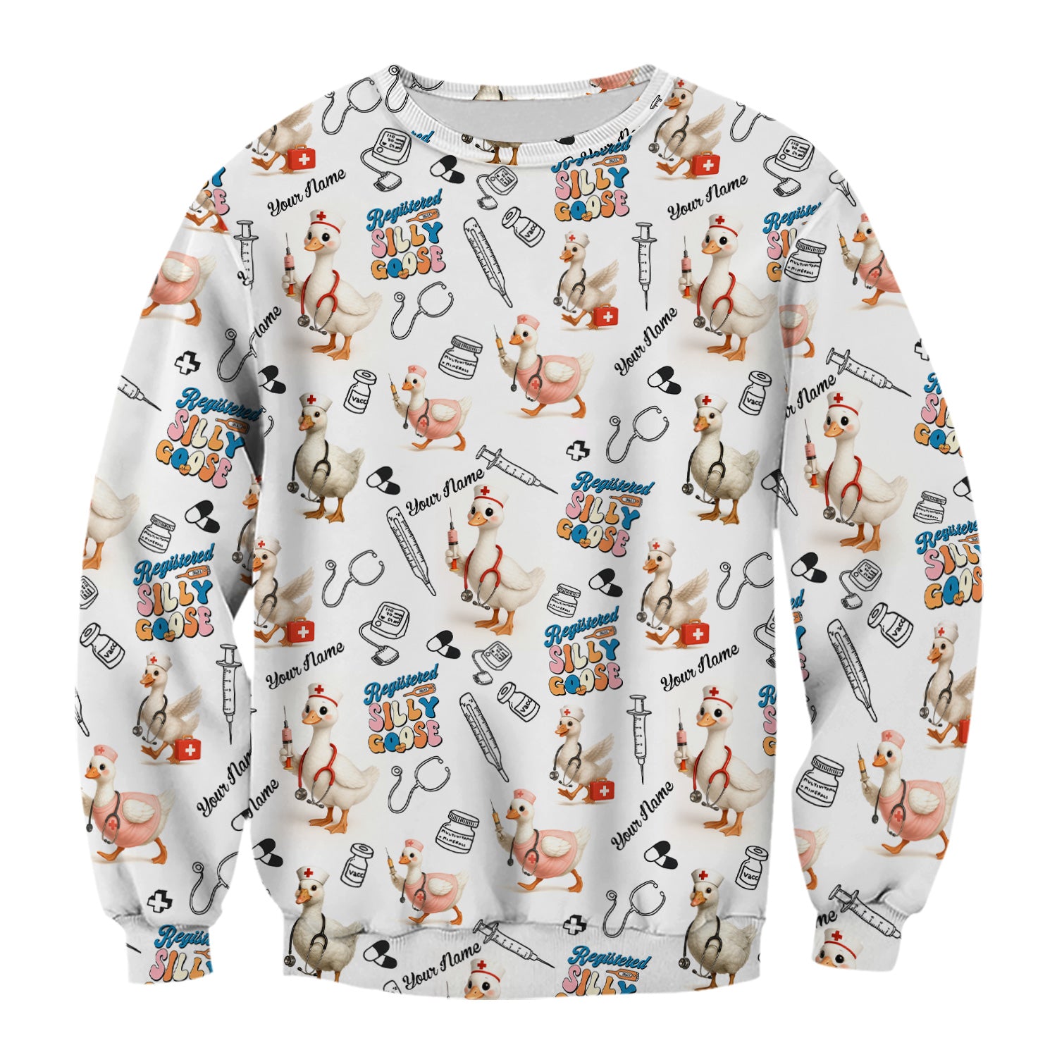 Funny Silly Goose Nurse Scrub Top Personalized Name - Cute Custom Uniform for RN LPN CNA - White V Neck Shirt for Women in Healthcare