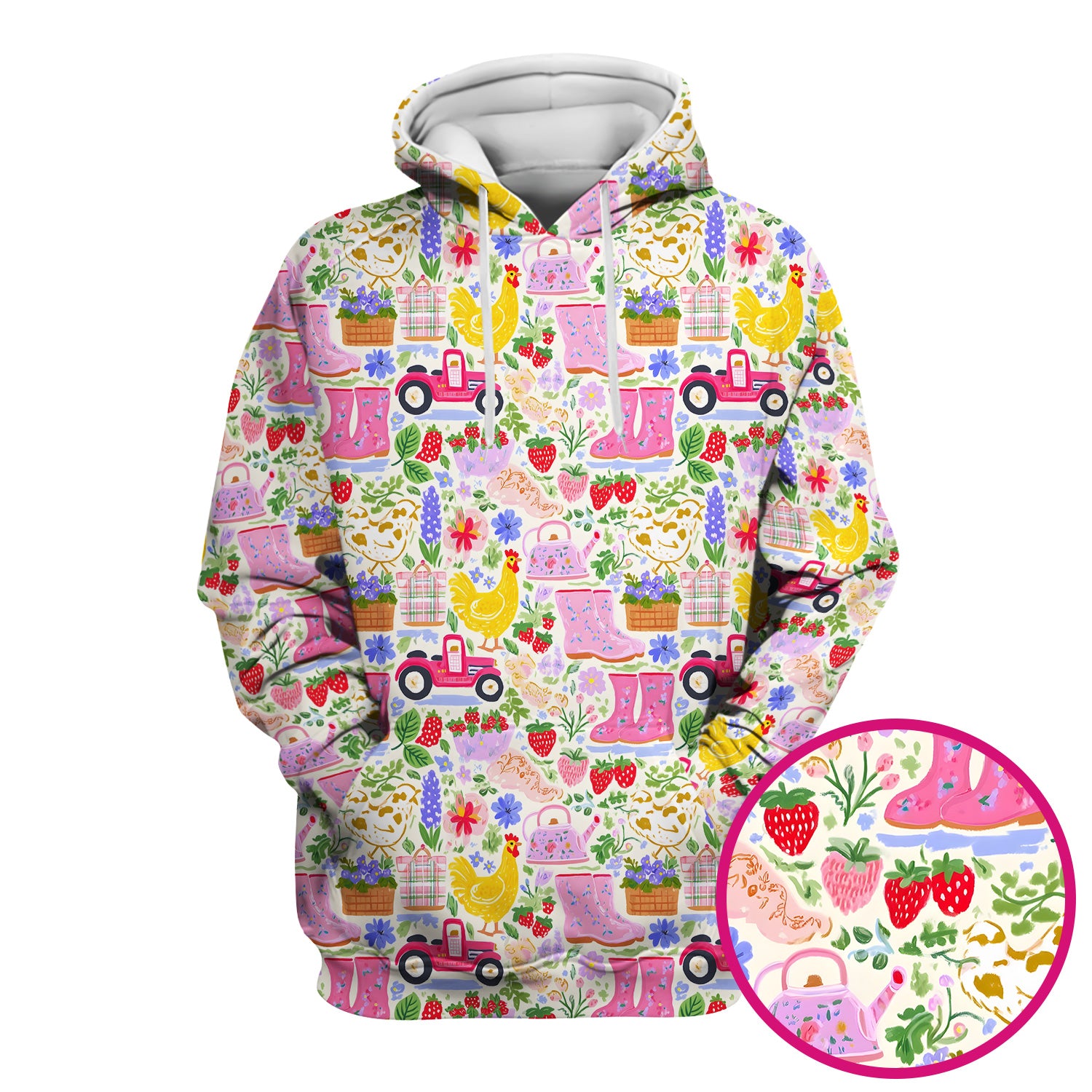 Cute Farm Garden Chicken Pattern Scrub Top, Colorful Spring Countryside Nursing Uniform for Women