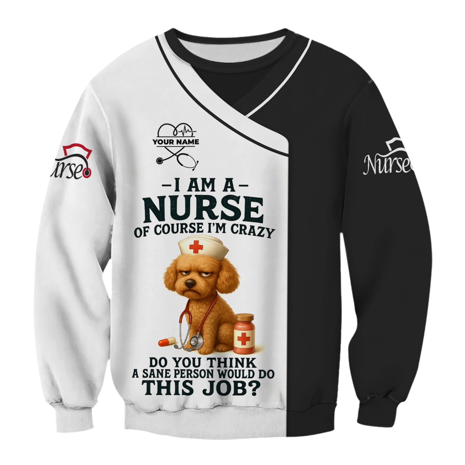 Personalized Nurse Scrub Top for Women RN LPN CNA - Custom Name Funny Grumpy Dog Saying Crazy Nurse Life Quote - Appreciation Gift for Healthcare Workers